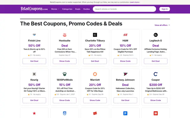 Ảnh chụp trang chủ retailcoupons.com: Website coupon, promo code và deal theo cửa hàng