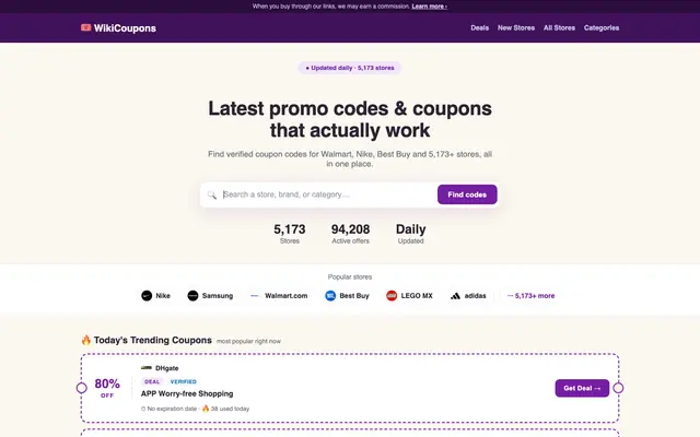 Ảnh chụp trang chủ wikicoupons.org: Website mã giảm giá, coupon và promo code